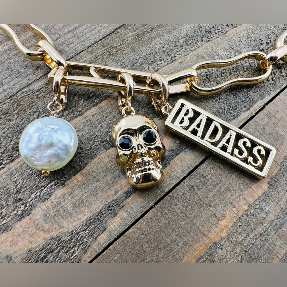 NEW Open Edit Gold Tone Chunky Chain Link SKULL Charm Adjustable 17-19" Necklace